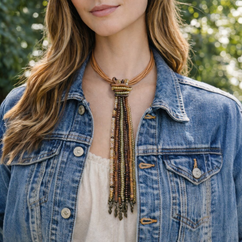 Multistrand Camel Brown Choker With Beaded Strands Necklace